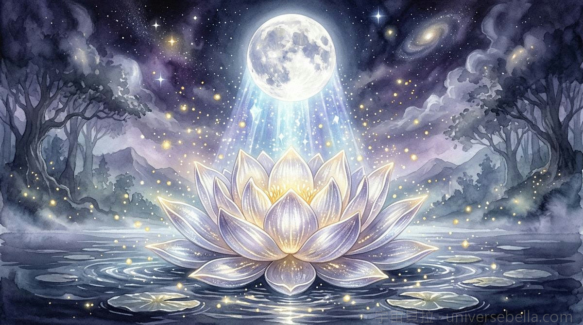 滿月映照水面上的發光蓮花，滿月儀式與放下的象徵｜宇宙貝拉