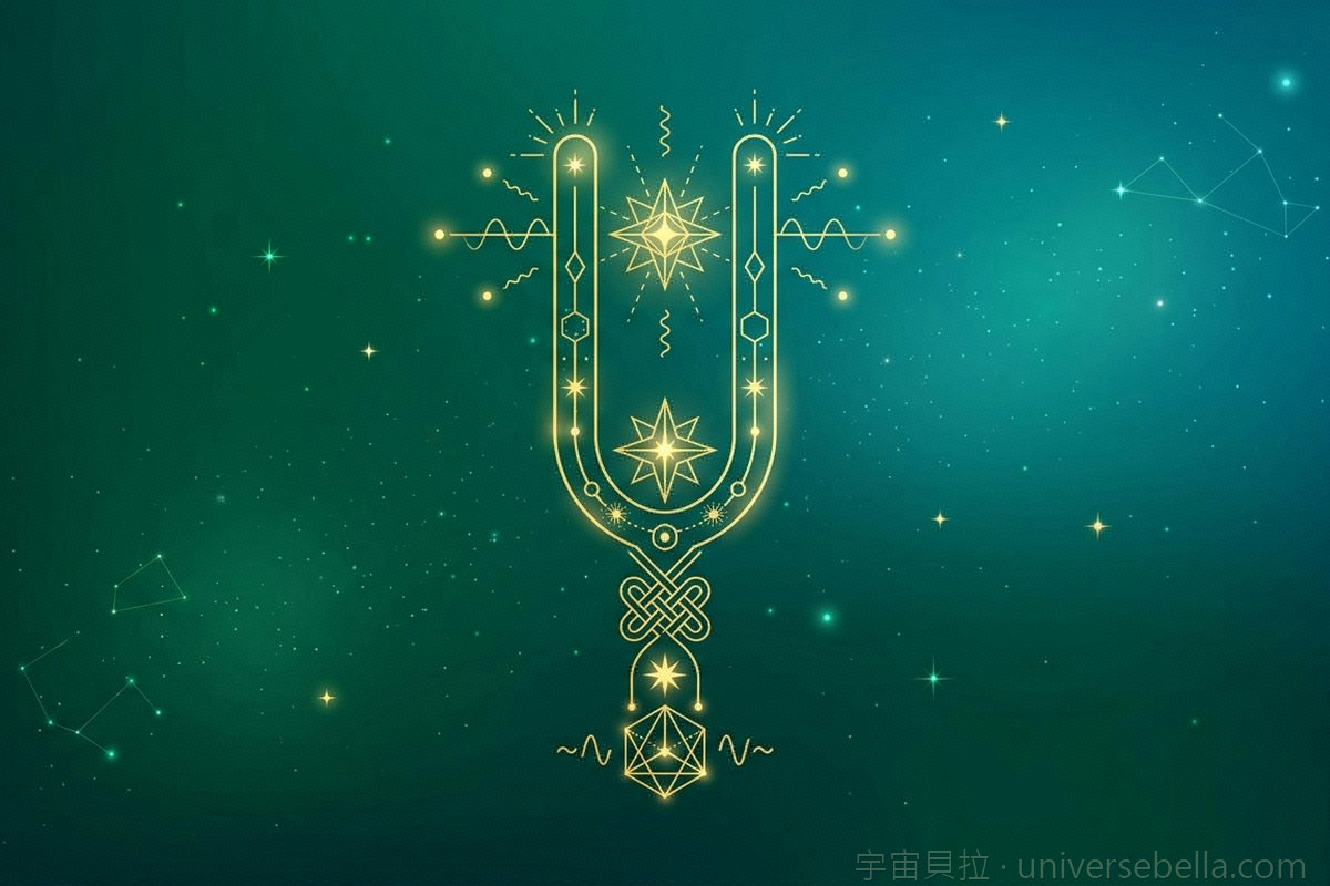 金色音叉與聲波，象徵振動頻率｜宇宙貝拉 Universe Bella