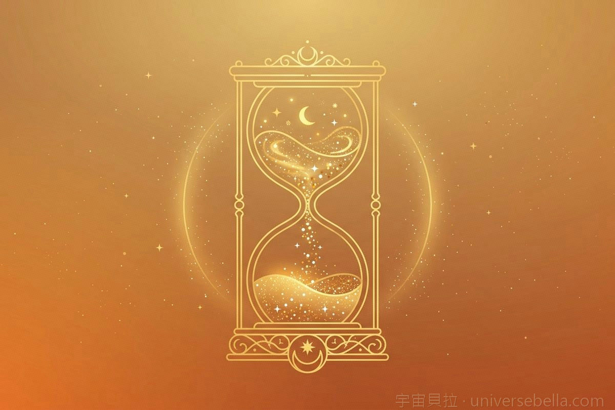 金色沙漏與星塵，象徵身體掃描冥想的十分鐘放鬆時光｜宇宙貝拉 Universe Bella
