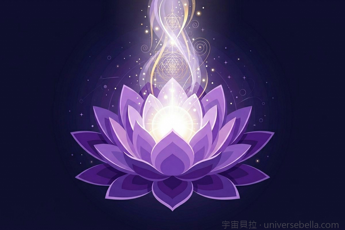 紫色蓮花放光，象徵心經的般若智慧與寧靜｜宇宙貝拉 Universe Bella