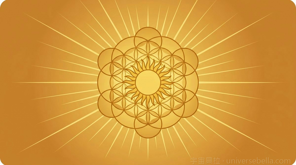 金色太陽光芒綻放於暖金背景，象徵活在願望已實現的內在狀態｜宇宙貝拉