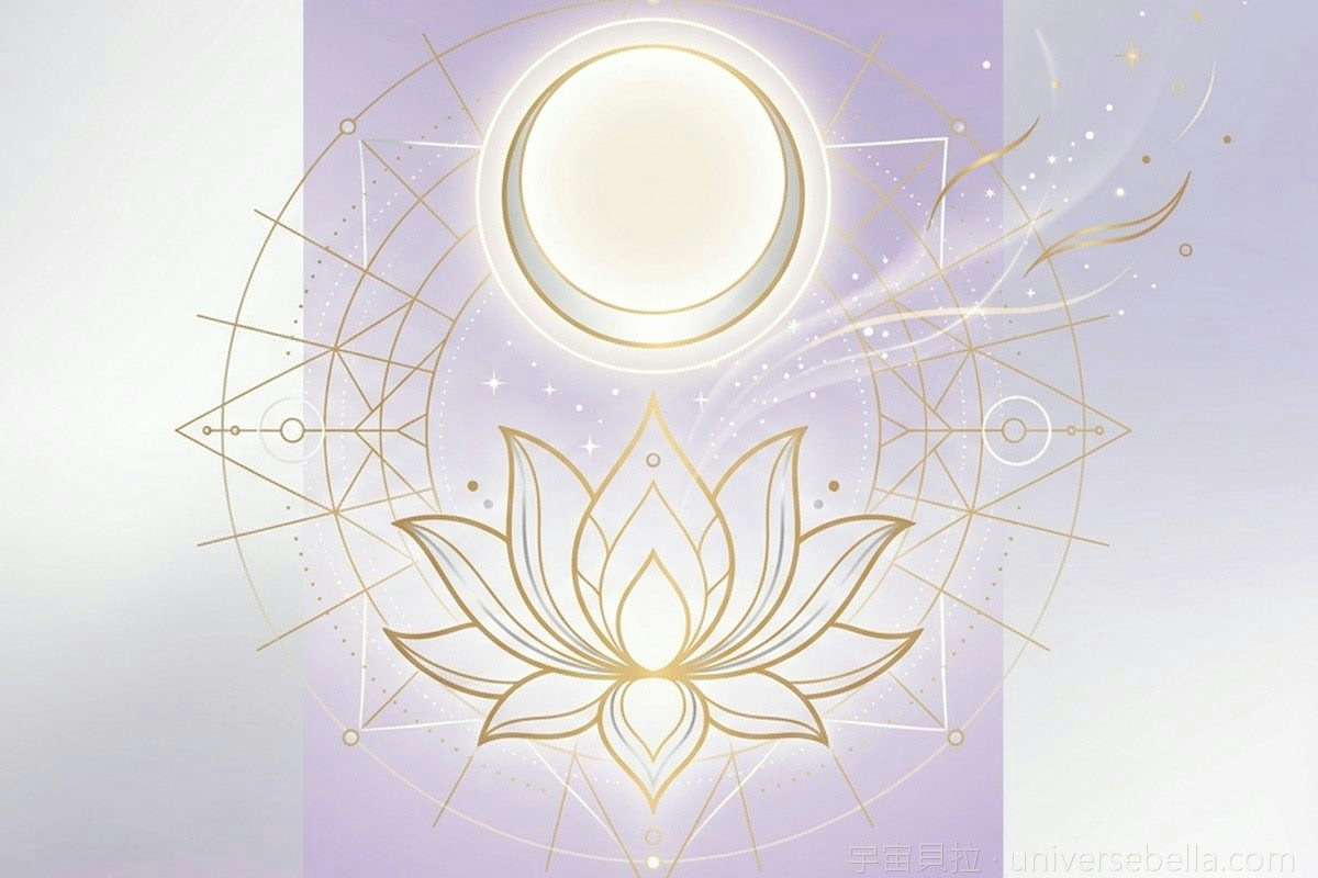 淡紫色背景上的金色蓮花、滿月與神聖幾何圖騰，象徵六字大明咒的慈悲與清淨｜宇宙貝拉 Universe Bella