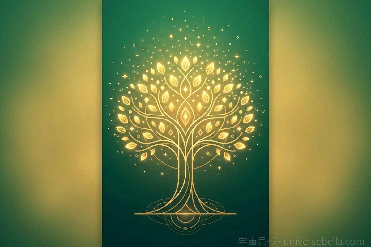 金葉豐盛樹插畫，象徵職涯成長與清晰意圖｜宇宙貝拉