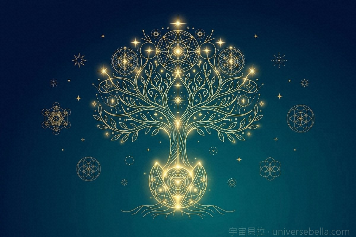 金色種子綻放成光之樹，象徵在潛意識中種下新信念｜宇宙貝拉 Universe Bella