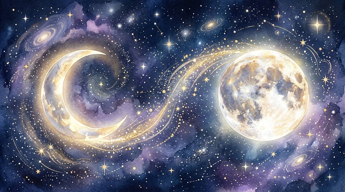 新月與滿月並列於夜空，2026 新月滿月時間表的象徵｜宇宙貝拉