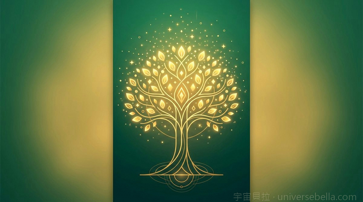 金色發光的生命之樹，柔和綠金光暈，象徵豐盛從內在富足心態自然生長｜宇宙貝拉