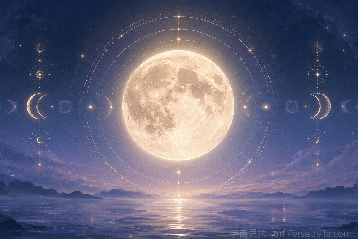 深藍夜空中一輪發光的滿月，象徵世界各地的滿月習俗｜宇宙貝拉 Universe Bella
